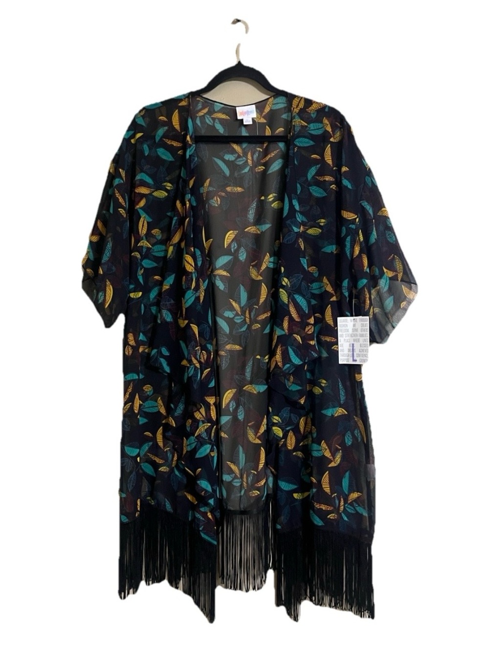 LuLaRoe Kimono Sz L MONROE Draped Collar Sheer Black Leaf Print Fringe Feminine - Picture 2 of 8